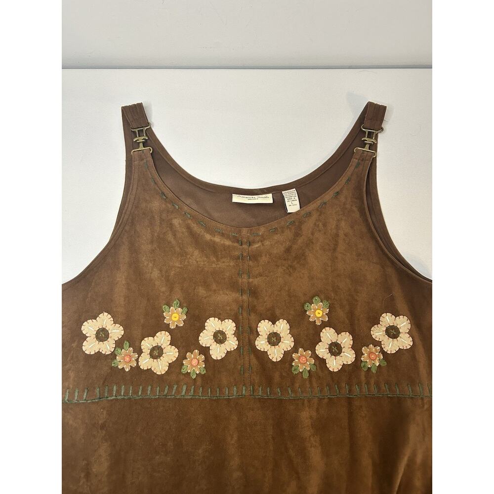 Amanda Smith Faux Suede Floral Midi Dress Brown Western Boho Size L